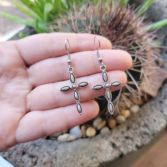 Pair of Silver Simple Classic Cross Hook Drop Earrings - Picture 6 of 8